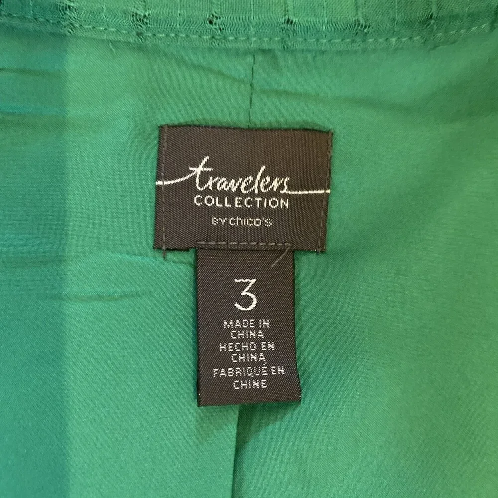 Chicos Kelly Green Cotton Blend Open Front Jacket Size 3 Travelers Collection‎